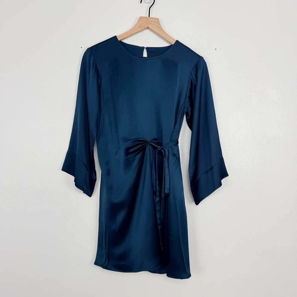 Banana Republic Treccia Satin Mini Dress Size XXS Petite Teal Tie Waist Cocktail - Picture 2 of 16
